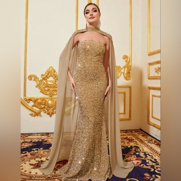 Elegant Long Champagne Draped Sequin Cape & Mermaid Dress Wedding Party Prom - Picture 3 of 8